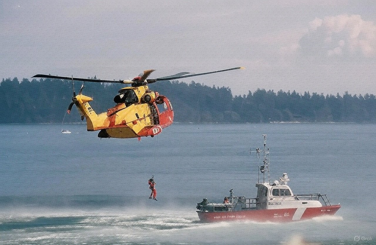 Shows helicopter lowering a person to make a rescue from a small ship at sea